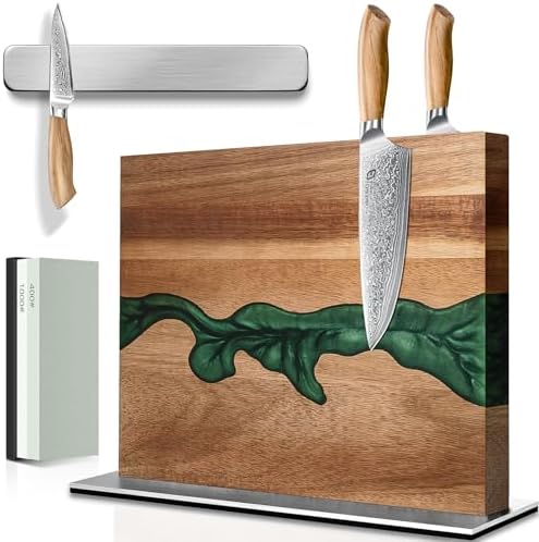 Magnetic Knife Block with Sharpening Stone and Stainless Steel Magnetic Knife Strip, Emojoy Double Side Magnetic Knife Holder, Acacia Wood Knife Block and Green Resin