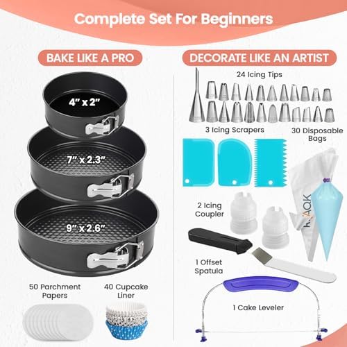 RFAQK 150PCs Cake Pan Set for Baking + Cake Decorating Supplies: 3 Round Non Stick Springform Pan Set (4, 7, 9 inches),24 Icing Tips,Cake Leveler–Multi-functional Leak-Proof Cake Pans & eBook