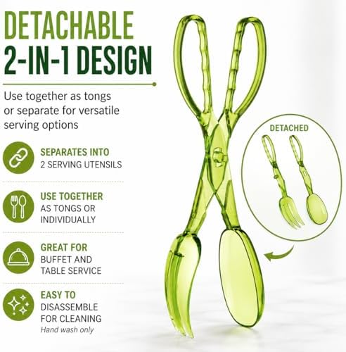 HIC Kitchen Salad Tongs, Hinged Design, Detachable Fork and Spoon, Set of 2