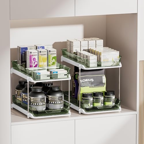 Delamu 2-Tier Multi-Purpose Bathroom Under Sink Organizers and Storage, Stackable Kitchen Pantry Organization, Pull Out Medicine Cabinet Organizer with Movable Dividers, Light Green, 2 Pack