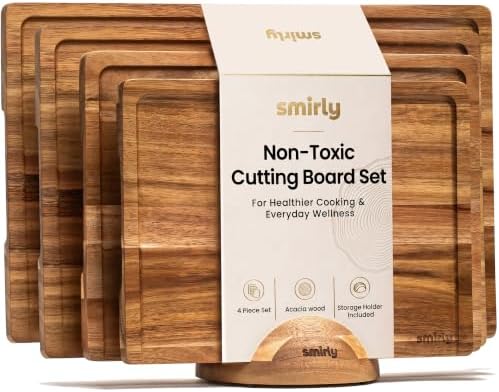 SMIRLY Wood Cutting Board - 4 Pack Cutting Board Set with Stand - Acacia