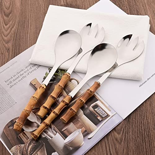 Serving Spoon and Fork Set, 304 Stainless Steel Serving Utensils with Natural Bamboo Handle, 10" Long Handle Serving Set for Kitchen Party Buffet, 4 Pieces / 2 of Each