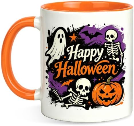 Halloween Coffee Mug,Ghost Skeleton Pumpkin Bat Cute Ceramic Cup