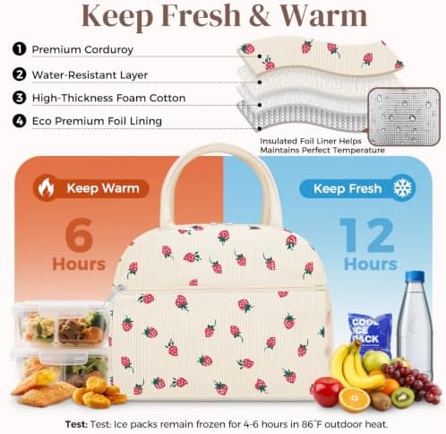 DALINDA Corduroy Lunch Bag Lunch Box for Women Men,Cute Insulated Lunch Bags,Water-Resistant Cute Cooler Lunch Tote Bag, Reusable LunchBox Large Capacity for Work Travel Picnic