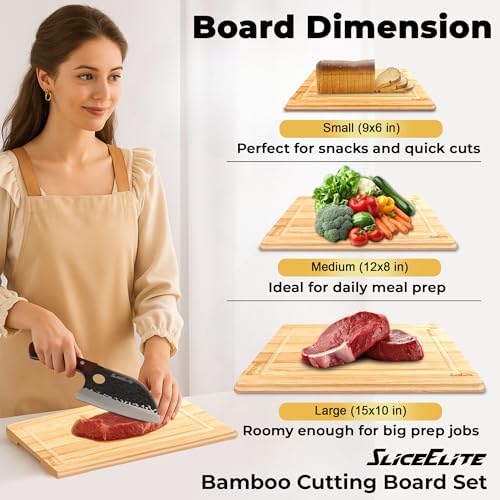 SliceElite Bamboo Cutting Board Set of 3 Wooden Cutting Boards for Kitchen with Juice Grooves Side Handles Bamboo Chopping Boards for Meat Vegetables Fruit Bread Charcuterie Meal Prep Serving Tray Set
