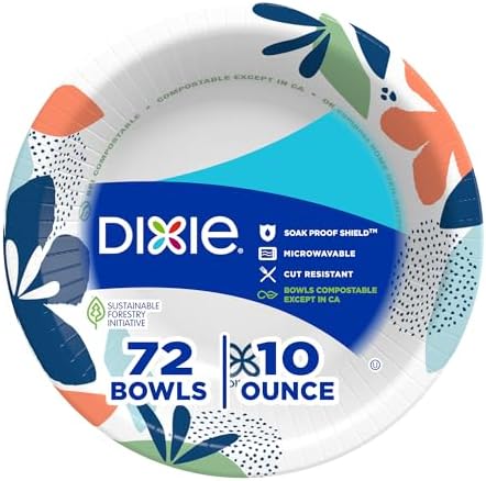 Dixie Small Paper Bowls, 10 Oz, Microwave-Safe, Soak-Proof, Disposable Bowls Great For Snacks, Dessert, And Light Lunch Meals, 72 Count (Pack of 6)