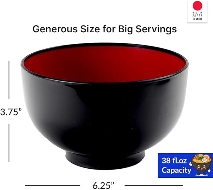 JapanBargain, 10-Pack Authentic Japanese Plastic Ramen Bowl, Black and Red Lacquered Style Noodle Soup Bowl, Made in Japan, Food Safe BPA Free, Microwave and Dishwasher Safe, 38 oz