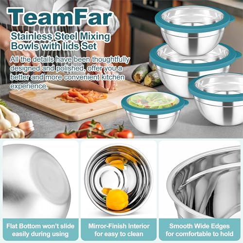 TeamFar Mixing Bowls Set, Stainless Steel Salad Bowl with Lids, Dark Blue
