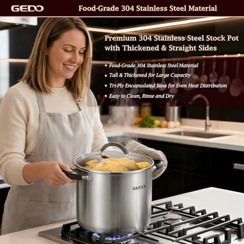 GEDO Food-Grade 304 Stainless Steel Stock Pot, Thickened Cooking Pot with Tempered Glass Lid, Heat-Resistant Handles, Fits All Stovetops for Soup Stew Canning, Dishwasher Safe (13.2, Quarts)