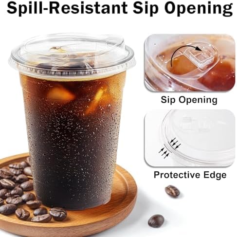 BYSNOW 100 Pack 16 oz Clear Plastic Cups with Sip Lids, Iced Coffee Cups