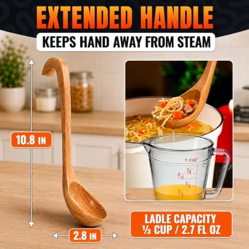 Bamboo Ladle for Soup, 10.8x2.8 In, Deep Bowl, Hook-End Handle