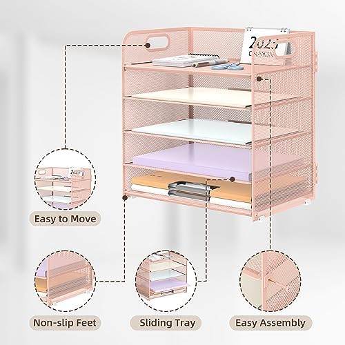 SUPEASY 5 Trays Paper Organizer Letter Tray with Handle-Mesh Desk File Organizer,Pink Paper Sorter Desk Organizer for Office, Home or School, Rosepink