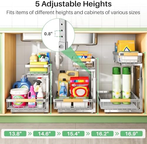 Kitstorack Under Sink Organizer, 2 Tier Under the Sink Storage, Slide out Pull out Cabinet Organizer Shelf, Metal Sliding Drawer for Kitchen Bathroom Pantry Closet Organization Rack, Silver, 1 Pack