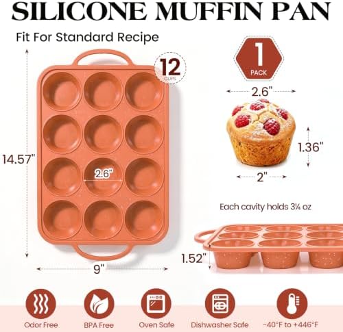 Vinino 12 Cup Silicone Muffin Pan with Stainless Steel Frame - Brick Orange