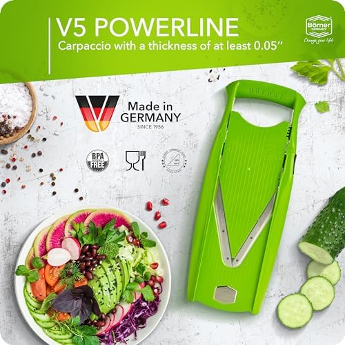 Börner Mandoline Slicer V5 (Basic Set) • Vegetable V-Slicer for Slices in 4 Thickness Settings • Stainless Steel V-Blade • Adjustable Kitchen Slicer for Vegetables & Fruits • Color: Green