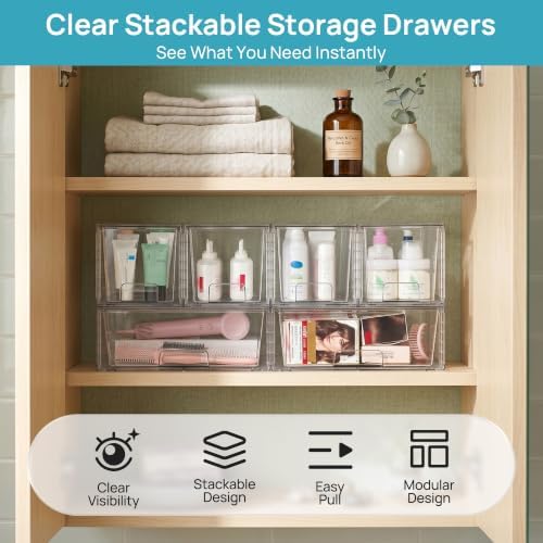 Vtopmart Clear Stackable Storage Drawers, 4 Pack Wide Organizer Set
