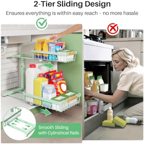Kitstorack Under Sink Organizer, 2 Tier Under the Sink Storage, Slide out Pull out Cabinet Organizer Shelf, Metal Sliding Drawer for Kitchen Bathroom Pantry Closet Organization Rack, Green, 1 Pack