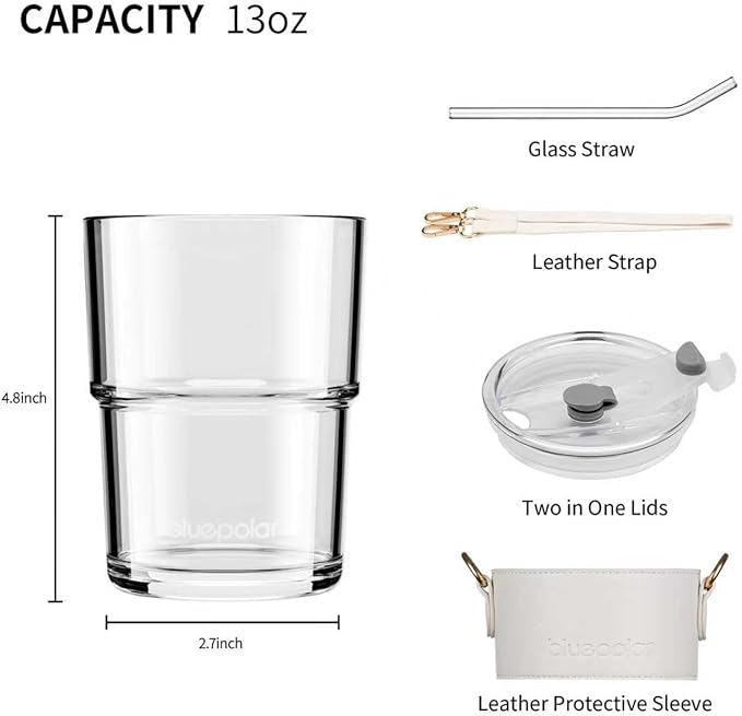 13oz/400ml Glass Water Tumbler with Straw and Lid Sealed Carry on Thick Wall Iced Coffee Cup for Water, Iced Tea, Fruit Juice (White with Sleeve and Strap)