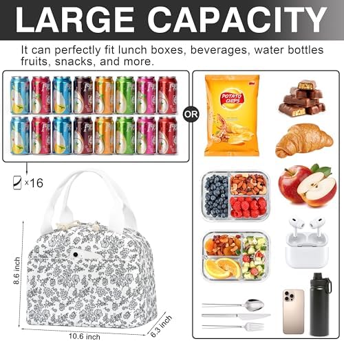 TESAFNG Lunch Bag - Insulated Lunch Box for Women, Reusable Large Capacity Cooler Bag for Adult, Small Leakproof Cute Corduroy Lunch Tote for Work Office Travel Picnic (Corduroy White-Floral)