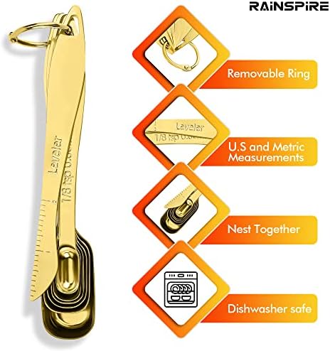 Rainspire Heavy Duty Measuring Spoons Set Stainless Steel, Metal Measuring Cups and Spoons Set for Dry or Liquid, Fits in Spice Jar, Home Gadgets Kitchen Gadgets, Set of 7 Including Leveler, Gold
