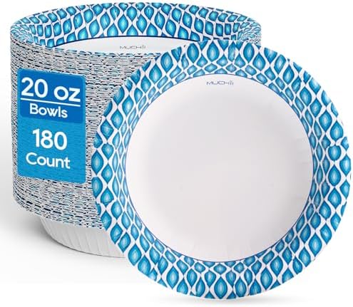 MUCHII 20 Oz Paper Bowls 180 Count Disposable Bowls, Printed Soak Proof Large Bowls for Breakfast, Lunch, and Dinner Meals