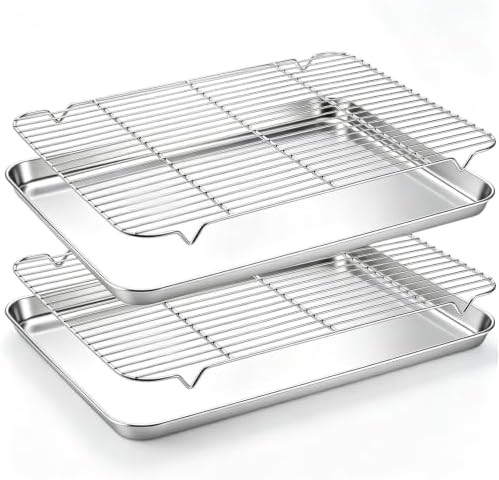 Onader Half Baking Sheet Pan with Rack Set, 18x13 Inch Stainless Steel Cookie Sheet with Cooling Rack, Nonstick Baking Pan for Oven, Nonstick & Rust Proof, 2 Pans + 2 Racks