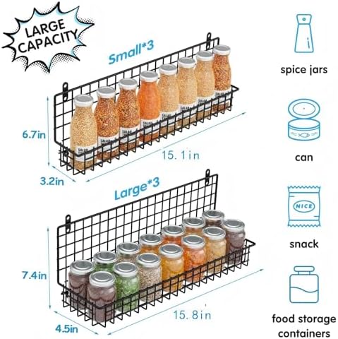 JKsmart 6-Tier Spice Rack Organizer with Door Hook, Wall Mounted & Over the Door Spice Racks for Kitchen Pantry Door Cabinet, Two Size, Large Capacity, Black