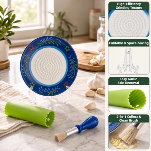 Ceramic Garlic Grater Plate Set – Hand-Painted Floral 4-Piece Set with Silicone Peeler, Cleaning Brush & Display Stand – Porcelain Grater Dish for Garlic & Ginger (Blue)