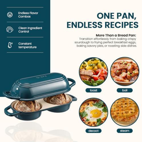 Double Dutch Oven for Bread Baking,Mini Cast Iron Sourdough Loaf Pan(Teal)
