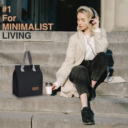 TELLUMO Insulated Lunch Bag for Men Women, Large Reusable Leakproof Lunch Box Container, Small Portable Thermal Snack Bag, Reusable Travel Office Work Beach Black Cooler Tote Bag for Adults, Dark
