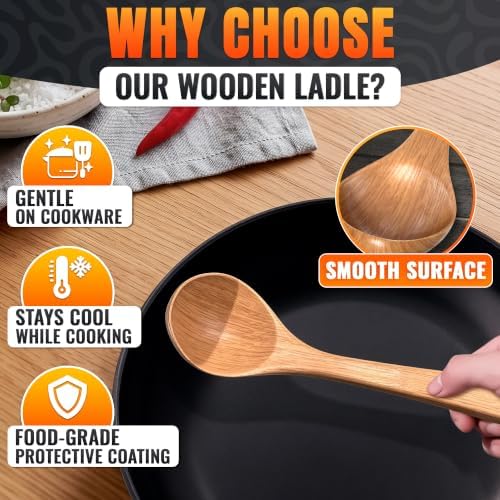 Bamboo Ladle for Soup, 10.8x2.8 In, Deep Bowl, Hook-End Handle