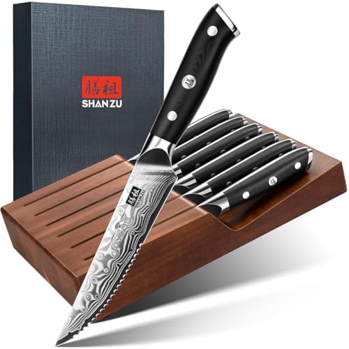 SHAN ZU Steak Knife of 7, 4.5 Inch Damascus Steak Knife Set with Block