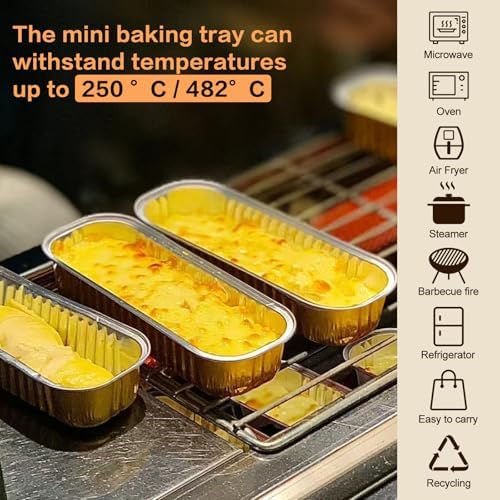 Mini Cake Pans with Lids and Spoons 200 Pack, Mini Loaf Pans with lids 6.8oz, Small Disposable Aluminum Foil Loaf Pans, Rectangular Baking Container for Party, Picnics and Housewarming (Gold)