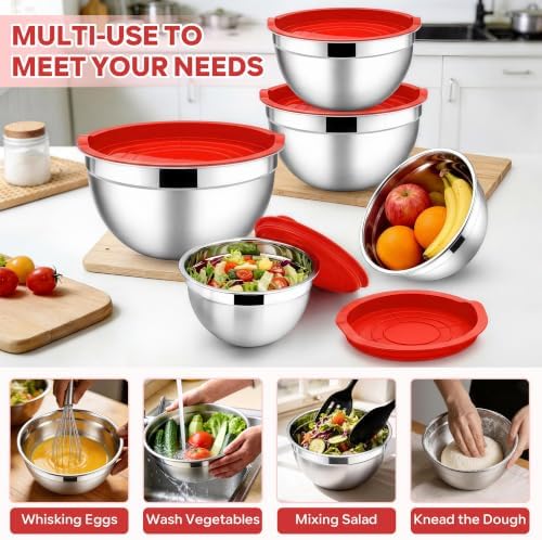 E-far Mixing Bowls with Lids Set, Stainless Steel Cooking Salad Bowls, Red