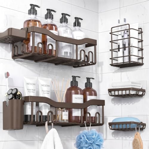 NESOMI Shower Caddy Adhesive Shower Organizer 7-Pack, Rustproof Stainless Steel Bathroom Shelves, Large Capacity No-Drill Rack Storage Accessories with Soap Dish Toothbrush Holder Hooks