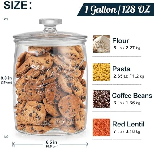 1 Gallon Glass Cookie Jar, Airtight Lid & Wide Mouth Mason Jar