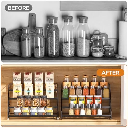 4 Tiered Spice Rack Organizer, 2 Pack Spice Rack Organizer for Cabinet, Tiered Adjustable Spice Shelf for Kitchen Countertop Pantry Organization (Carbon Black)