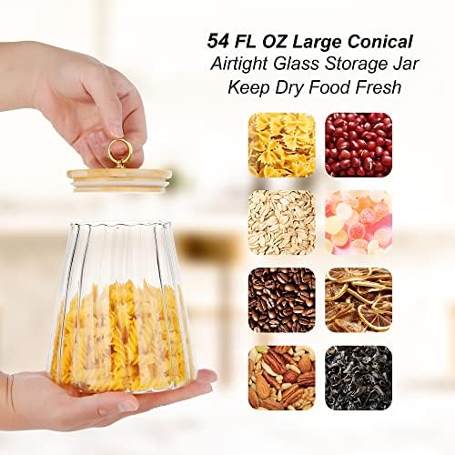 Glass Coffee Nuts Canister, Airtight Jar Bamboo Lid 54 FL OZ, Large Conical