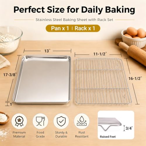Onader Half Sheet Pan with Cooling Rack Set, 18x13 Inch Stainless Steel Large Baking Cookie Sheet, Metal Oven Baking Tray with Wire Rack, Nonstick, Includes 1 Pan + 1 Rack