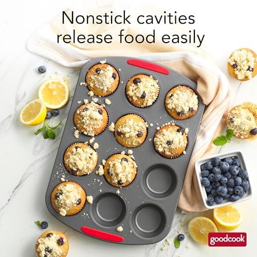 GoodCook MegaGrip 12-Cup Muffin Pan with Silicone Grip Handles Perfect for Cupcakes Durable Heavy-Gauge Steel Construction Scratch-Resistant Nonstick Coating, 15.5x10.5-Inch, Gray (Pack of 12)