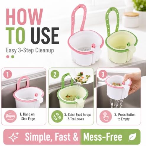 2 Pack Cactus Kitchen Sink Strainer Basket, Hanging Sink Drain Basket with Press Dump Button, Fast Draining Kitchen Sink Organizer for Food Waste, Tea Leaves, Vegetable Scraps