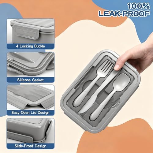 Bento Lunch Box for Adult & Kids, 1100ml Stackable Leak Proof Grey