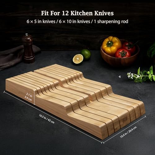 HOSHANHO In-Drawer Knife Block, Bamboo Knife Drawer Organizer for 12 Knives