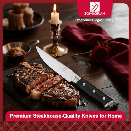 Medium Steak Knives Set of 2, 4.5 Inch High-Carbon Stainless Steel Serrated Steak Knife, Ergonomic Black Handles, Razor-Sharp, Dishwasher Safe, Rust-Resistant & Durable, Full Tang With Excellent Gift