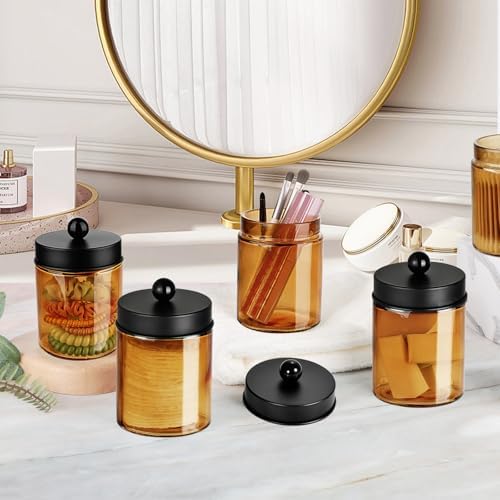 Amolliar Bronze Amber Glass Apothecary Jar, Qtip Holder Storage Black 4Pack