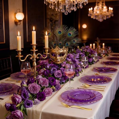 YOUBET 125PCS Clear Purple Plastic Plates with Gold Rim for Wedding