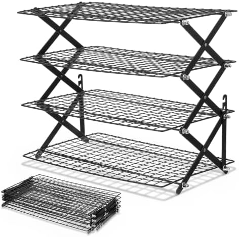 4 Tier Cooling Rack Adjustable Stackable Non-Stick Wire Rack Stainless Steel Baking Racks with Leak-Proof Mesh X-Shaped Structure for Roasting Cooking Cookies Cakes Drying Picnic Party