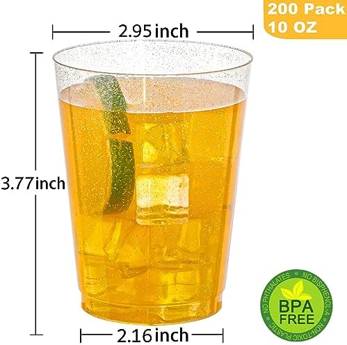 I00000 200 Pcs Gold Plastic Cups, 10 oz Hard Gold Glitter Disposable Cups