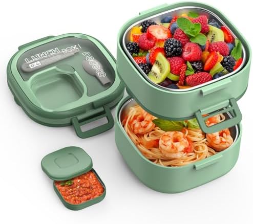 PEDECO Double-Layer Bento Lunch Box for Kids & Adults with Removable Stainless Steel Dividers,Dressing Container,BPA-Free,Dishwasher Safe - Includes Utensil,(Green,Non-Insulated)