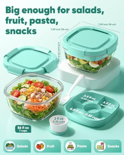 Canfanni Glass Salad Container, 56oz Bowl with Airtight Lids, Tray, Fork